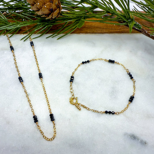 Black Spinel Station Necklace & Earring set