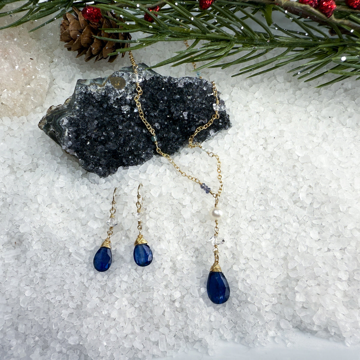 Kyanite & Herkimer Diamond Necklace and Earring Set