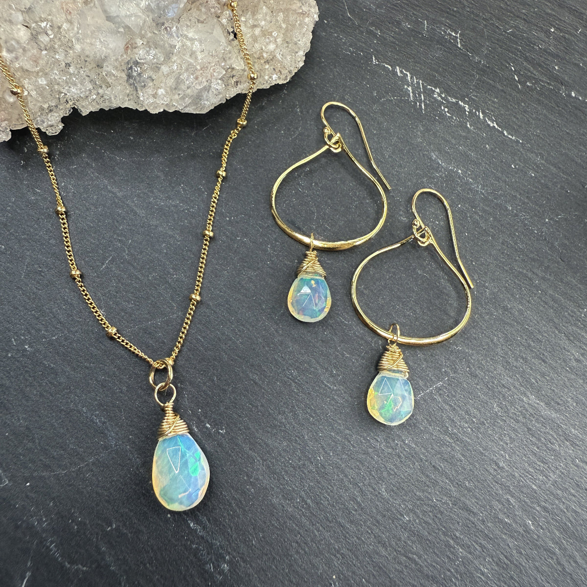 Opal Pendant Necklace and Earring Set
