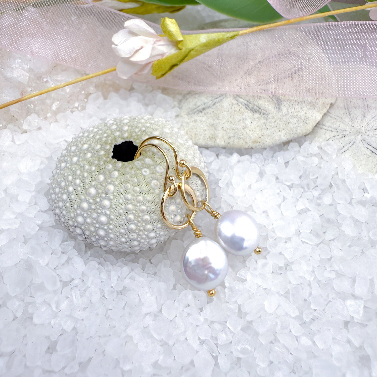 White Coin Pearl Earrings