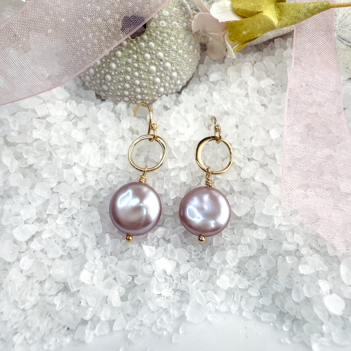 Pink Coin Pearl Earrings on a Circle of Gold