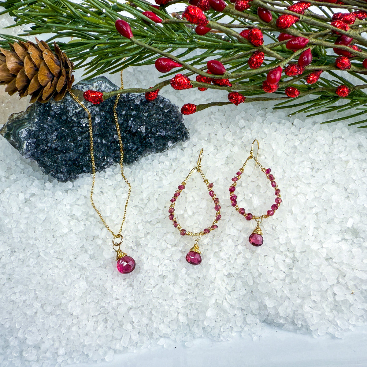 Rubellite Tourmaline & Rhodolite Garnet Necklace & Earrings