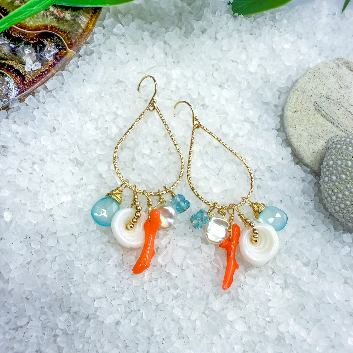 Coral, Puka, Chalcedony, pearl & apatite hammered teardrop hoops for summer