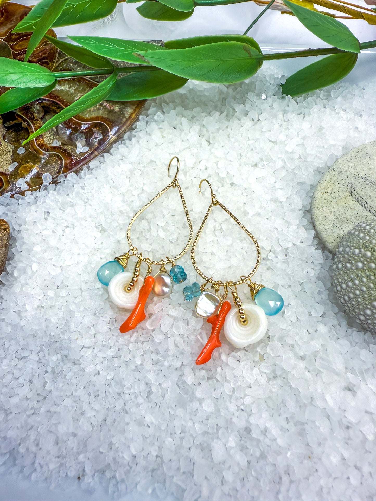 Coral, Turquoise, Puka & Apatite Teardrop Hoops