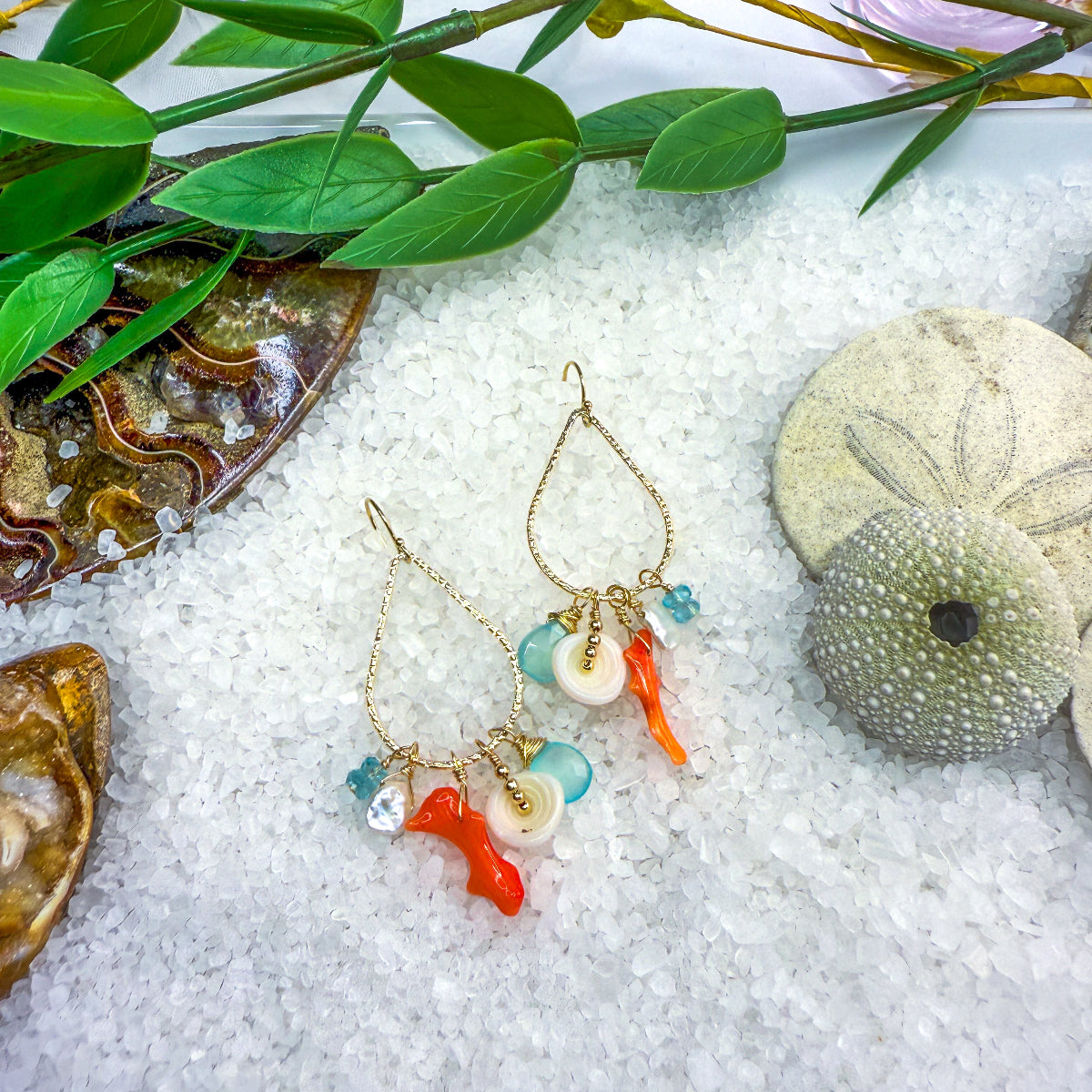 Coral, Puka, Chalcedony, pearl & apatite hammered teardrop hoops for summer