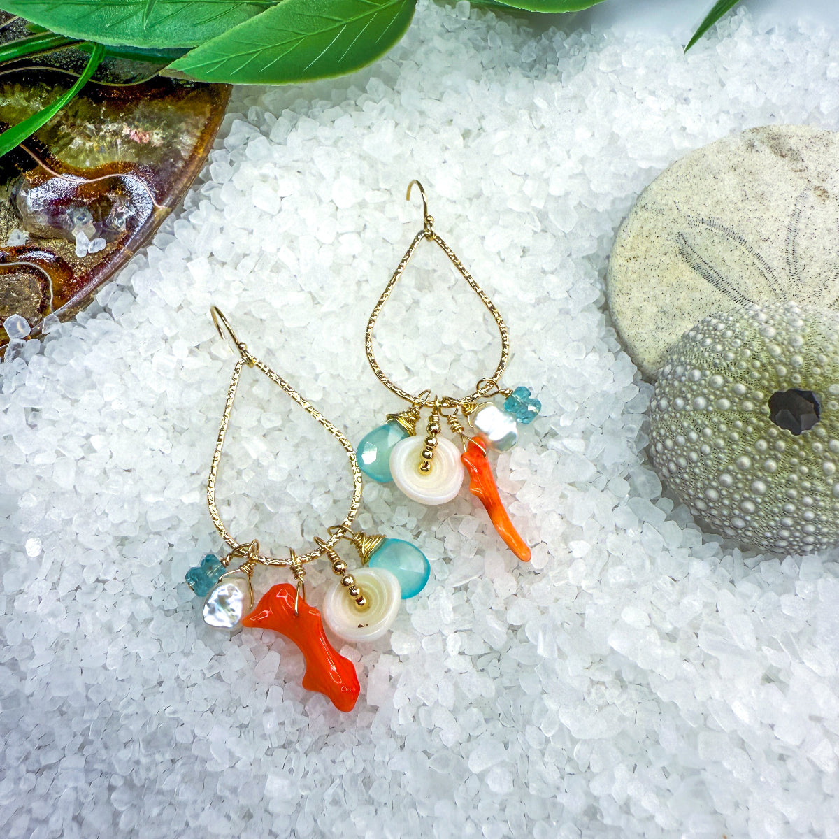 Coral, Puka, Chalcedony, pearl & apatite hammered teardrop hoops for summer
