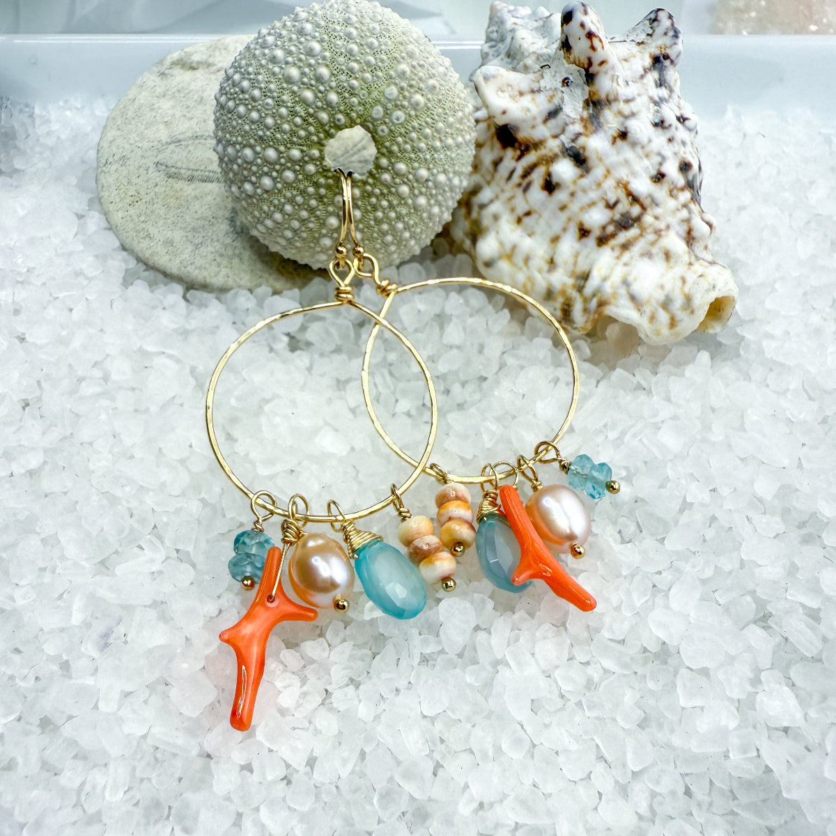 Chalcedony, Coral & Pink Pearl Hoops