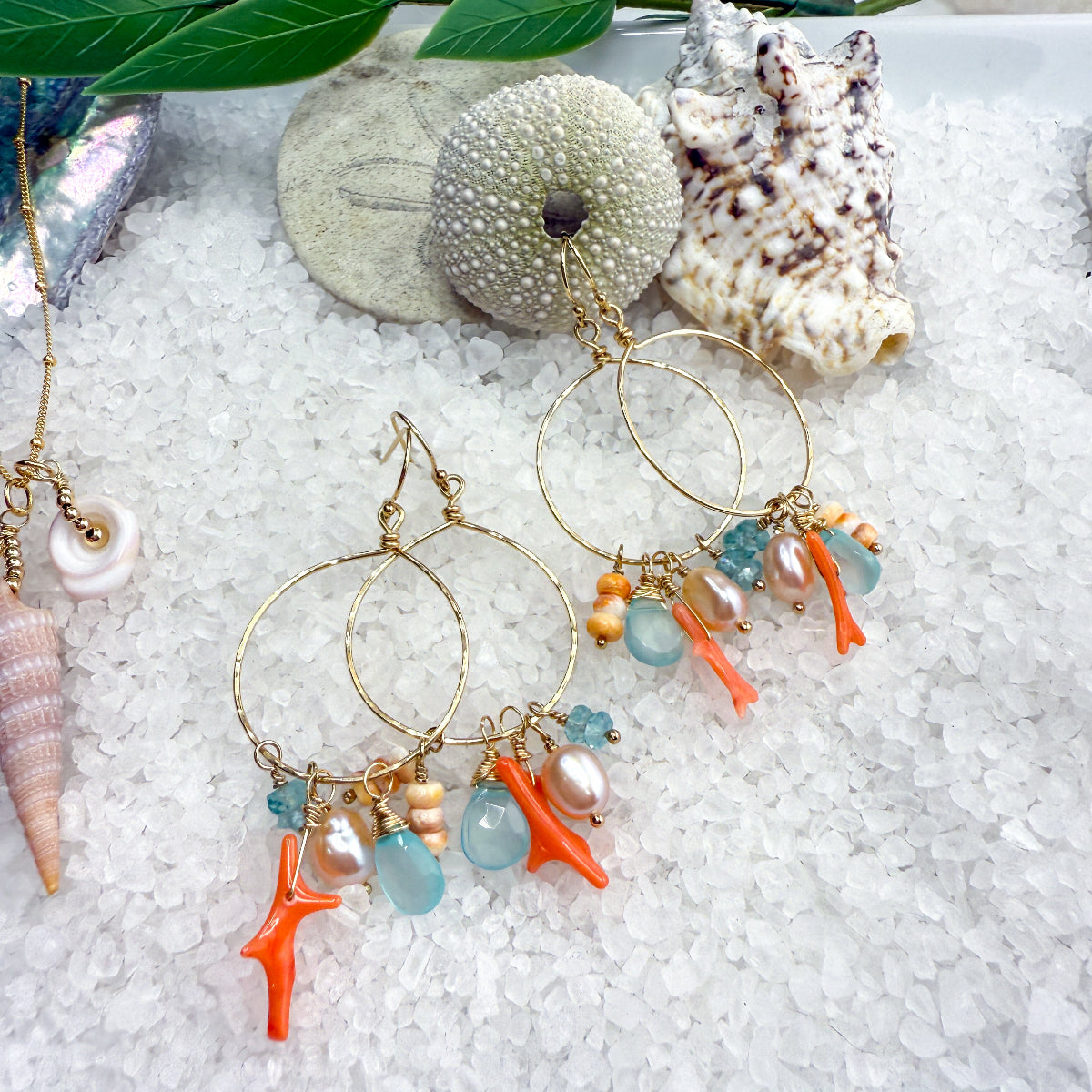 Chalcedony, Coral & Pink Pearl Hoops
