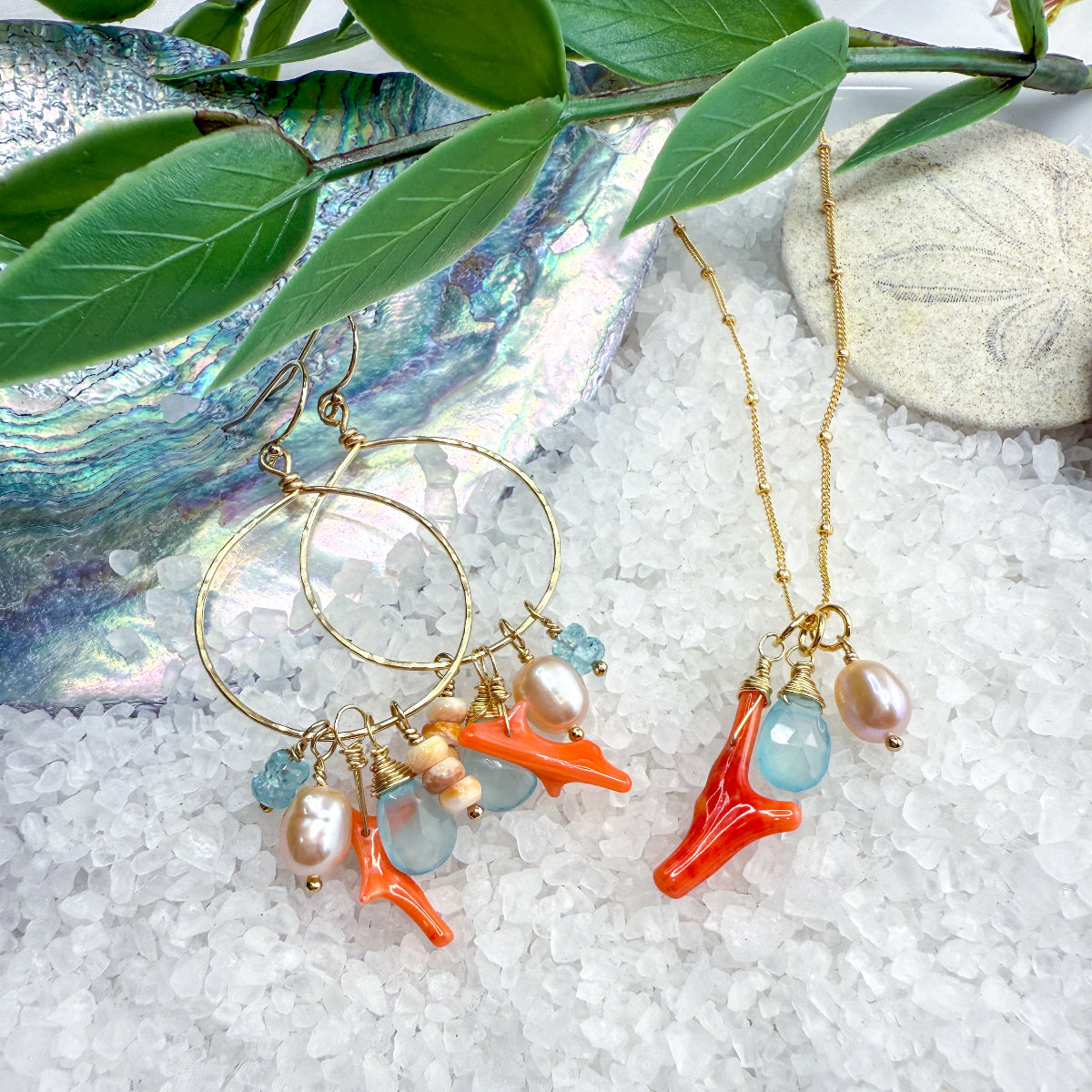 Chalcedony, Coral & Pink Pearl Hoops