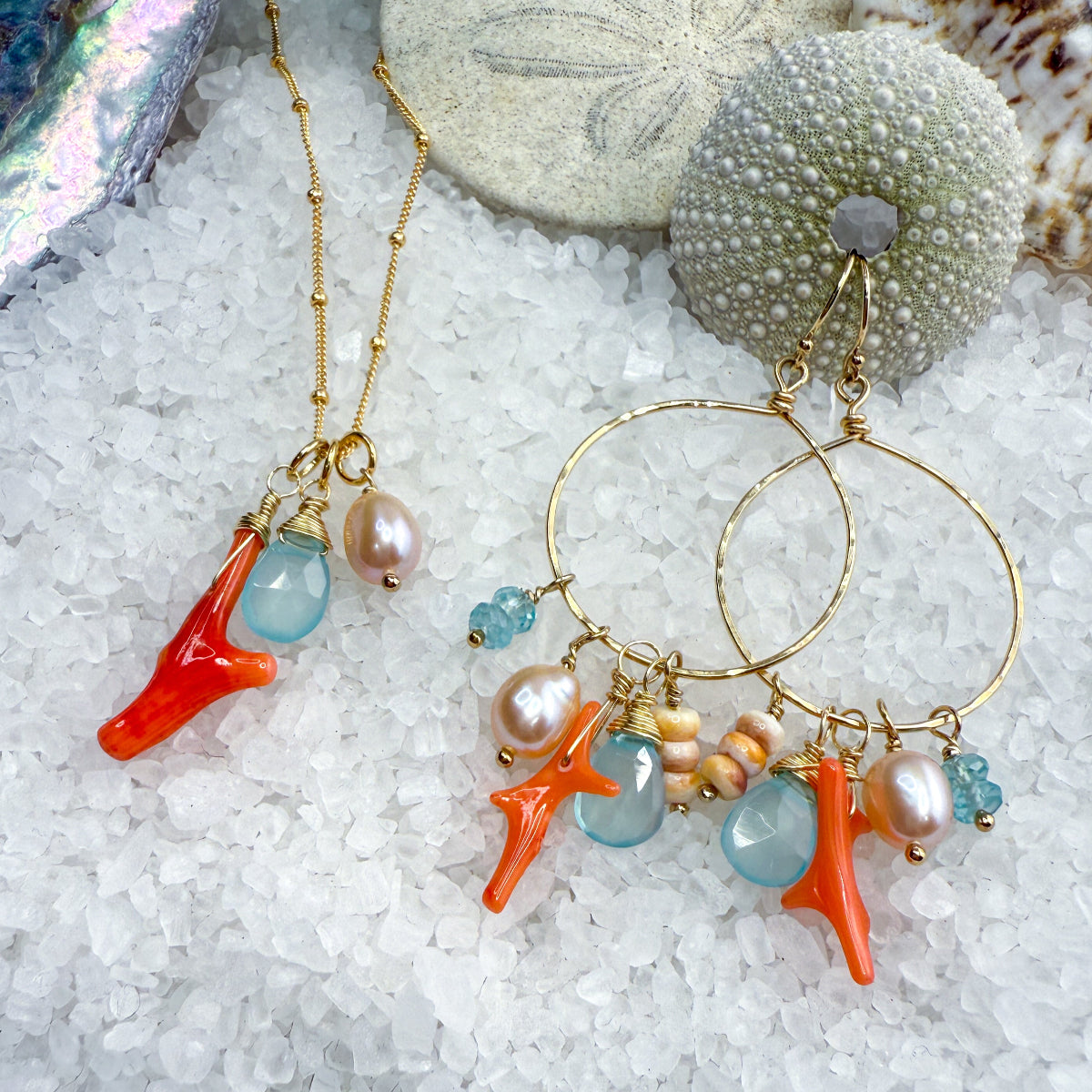 Chalcedony, Coral & Pink Pearl Hoops & necklace