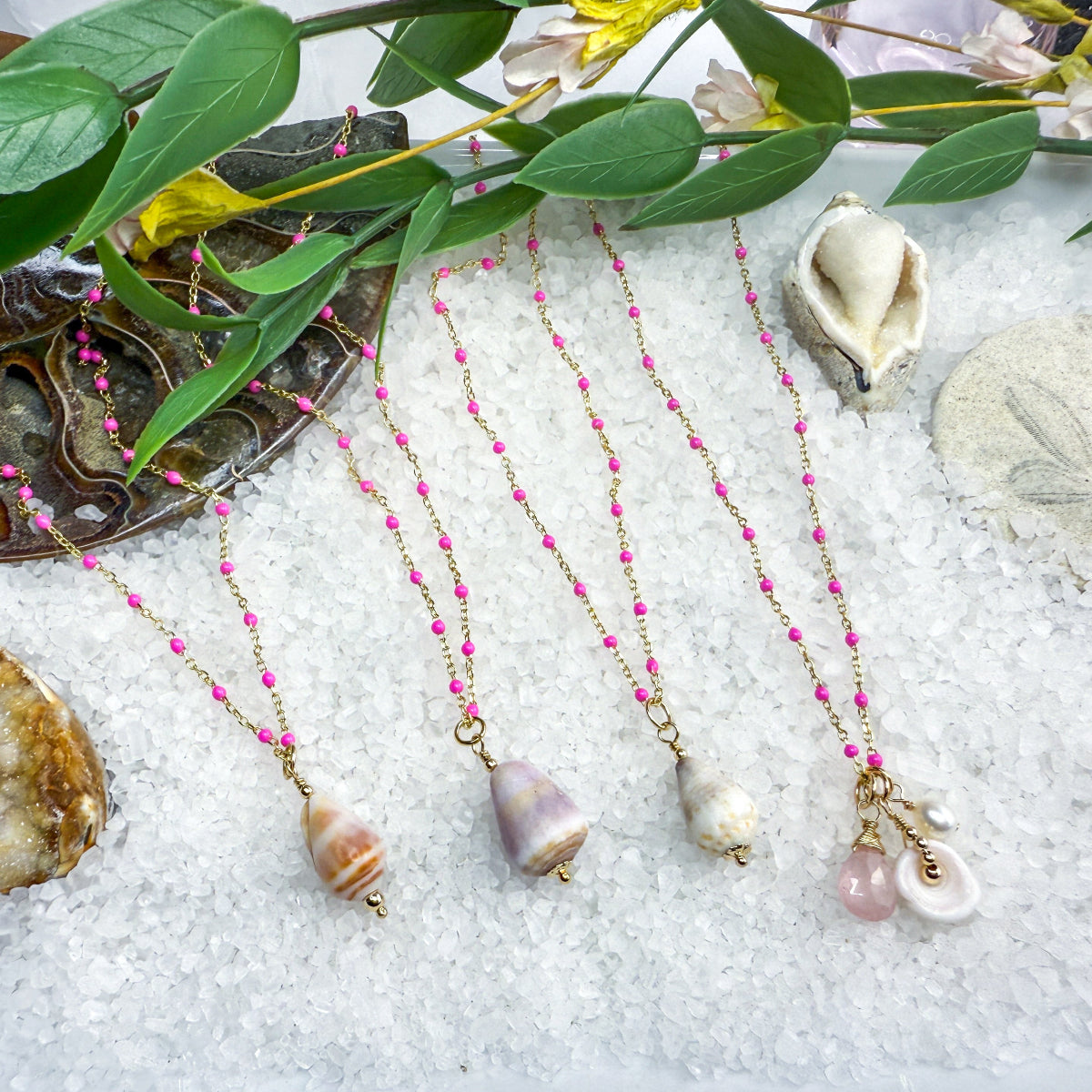 Bright Pink Enamel Chain with Removable Shell Pendant