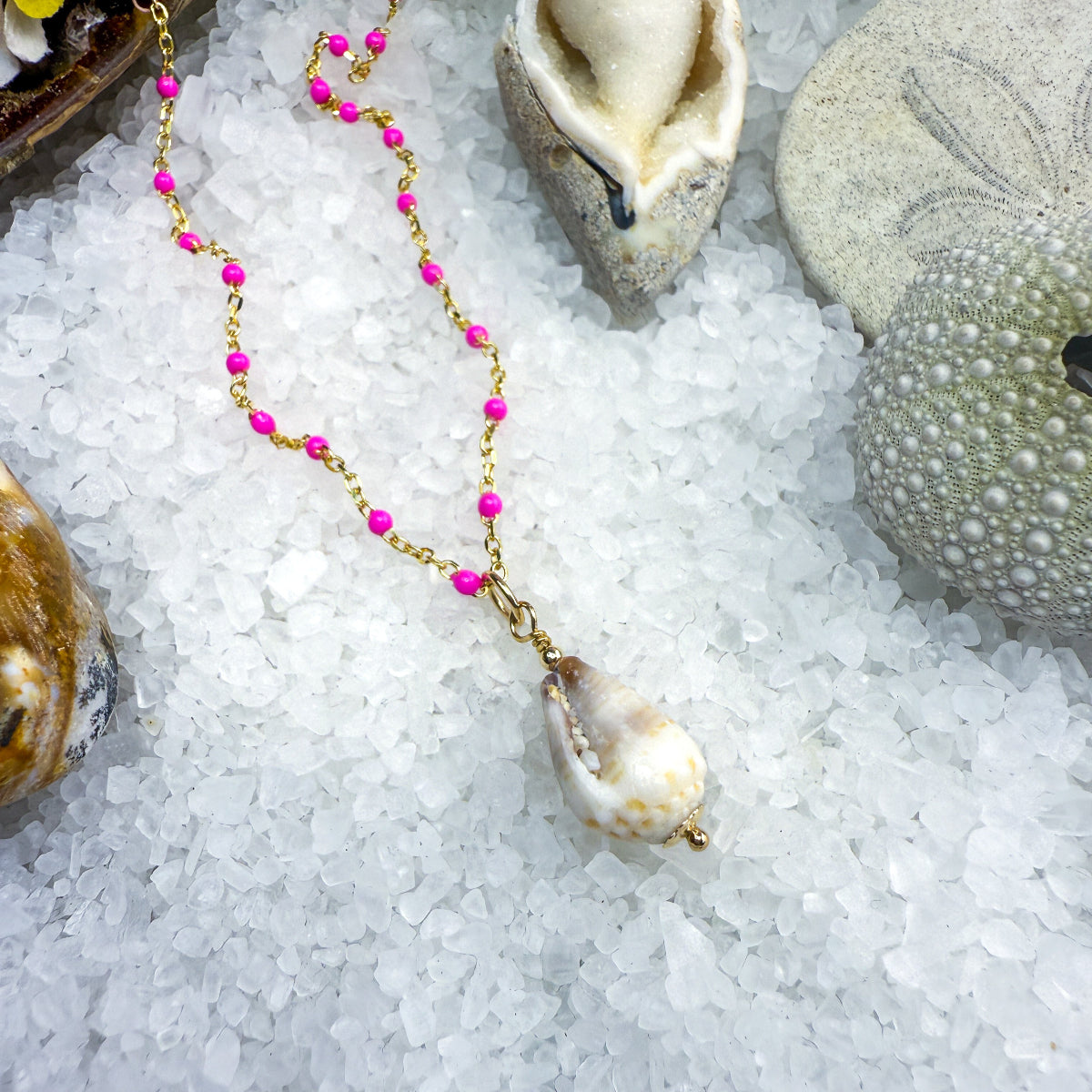 Bright Pink Enamel Chain with Removable Shell Pendant