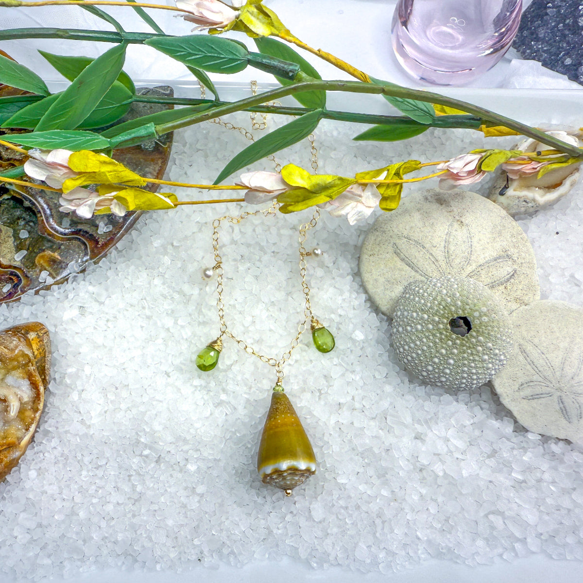 Green Cone Shell Necklace with Peridot & Pearls