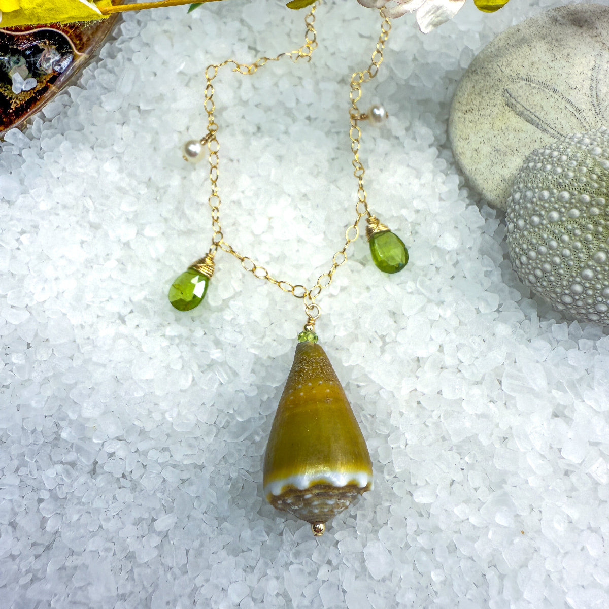 Green Cone Shell Necklace with Peridot & Pearls