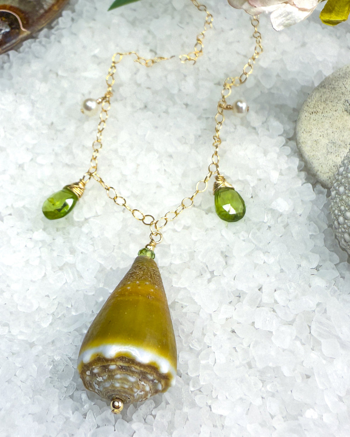 Green Cone Shell Necklace with Peridot & Pearls