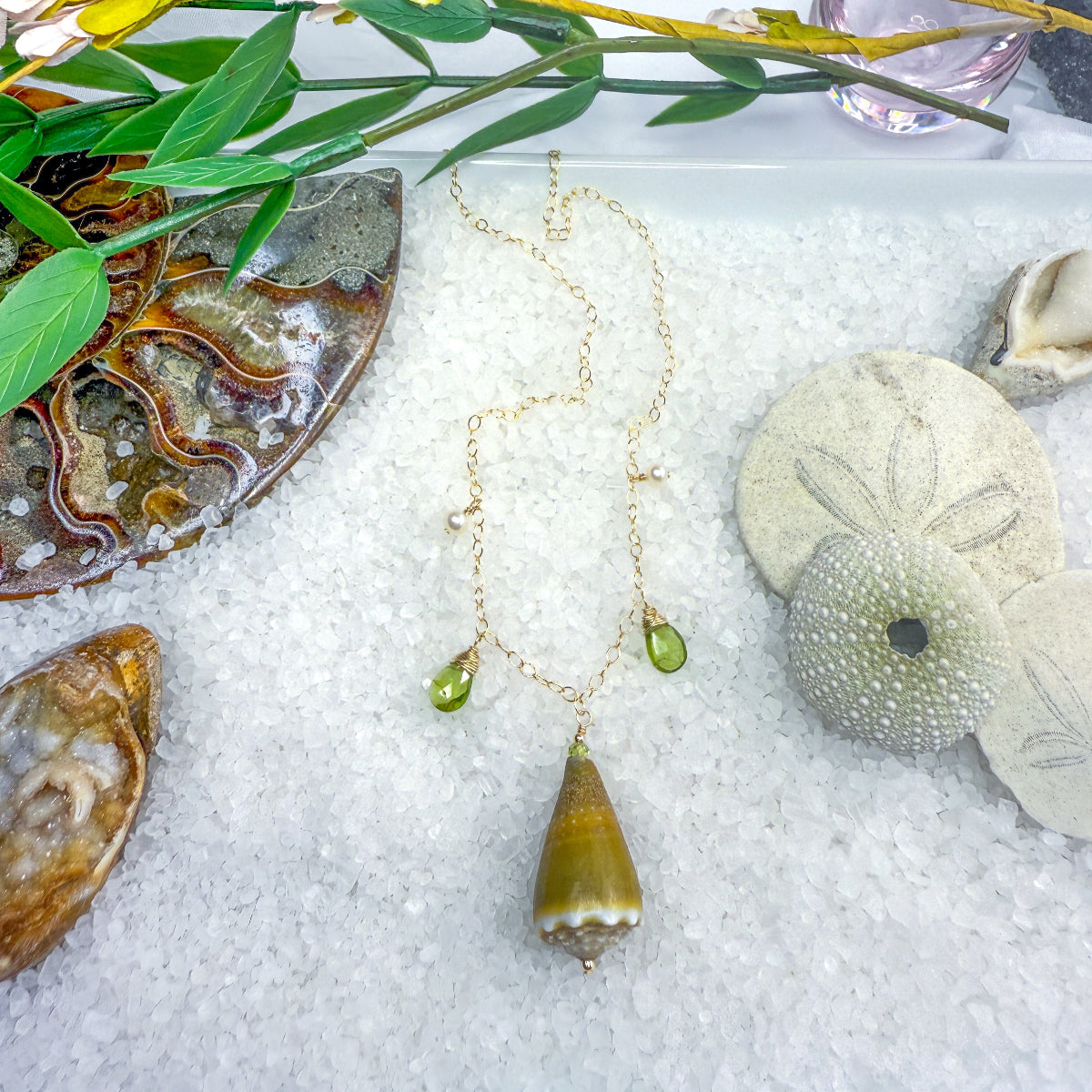 Green Cone Shell Necklace with Peridot & Pearls