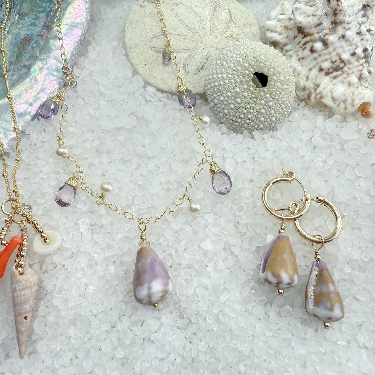 Purple cone shell, amethyst & freshwater pearl necklace