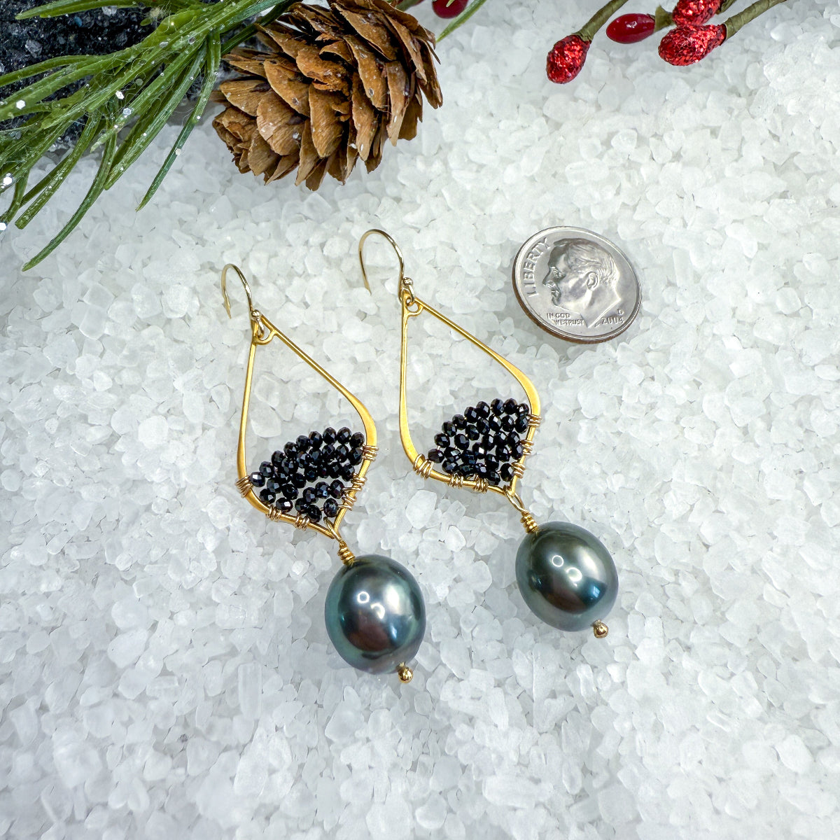 Tahitian Pearl & Black Spinel Earrings