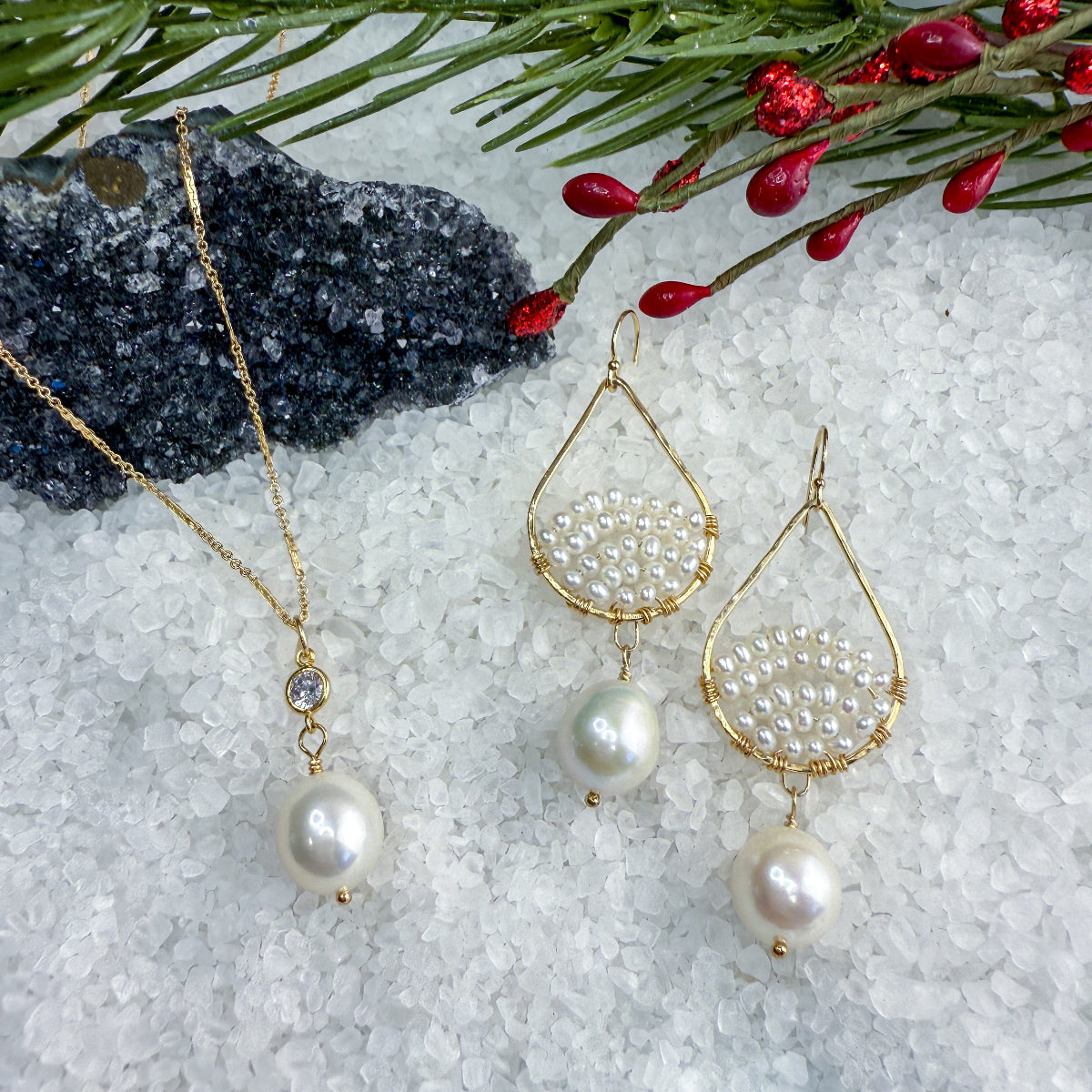 Edison White Pearl Necklace & Earrings