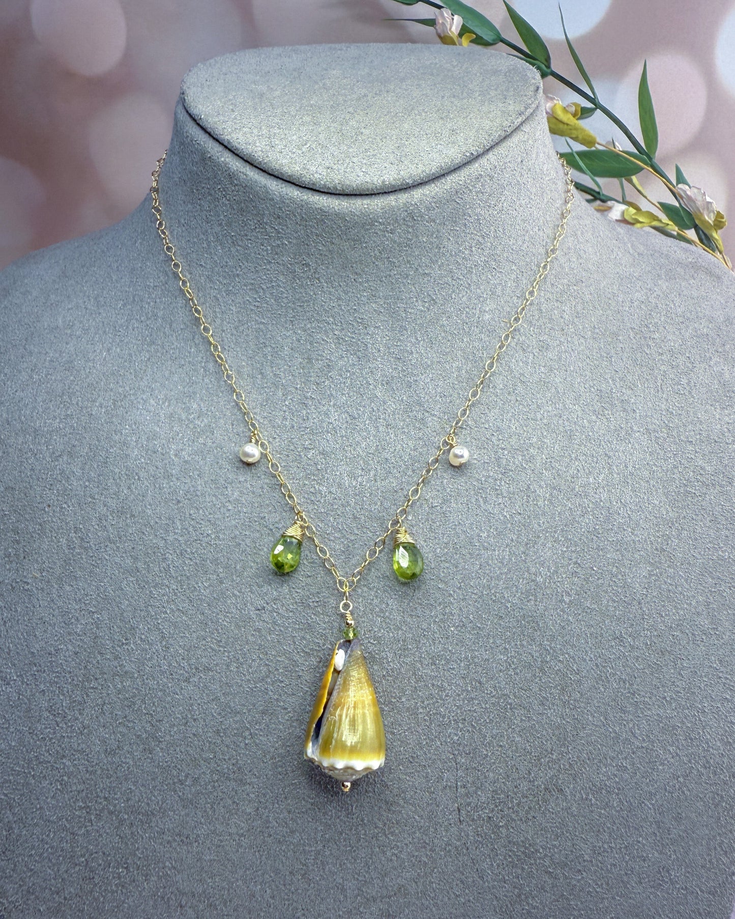 Green Cone Shell Necklace with Peridot & Pearls