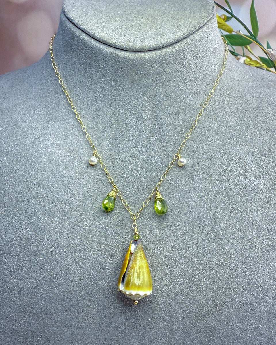 Green Cone Shell Necklace with Peridot & Pearls