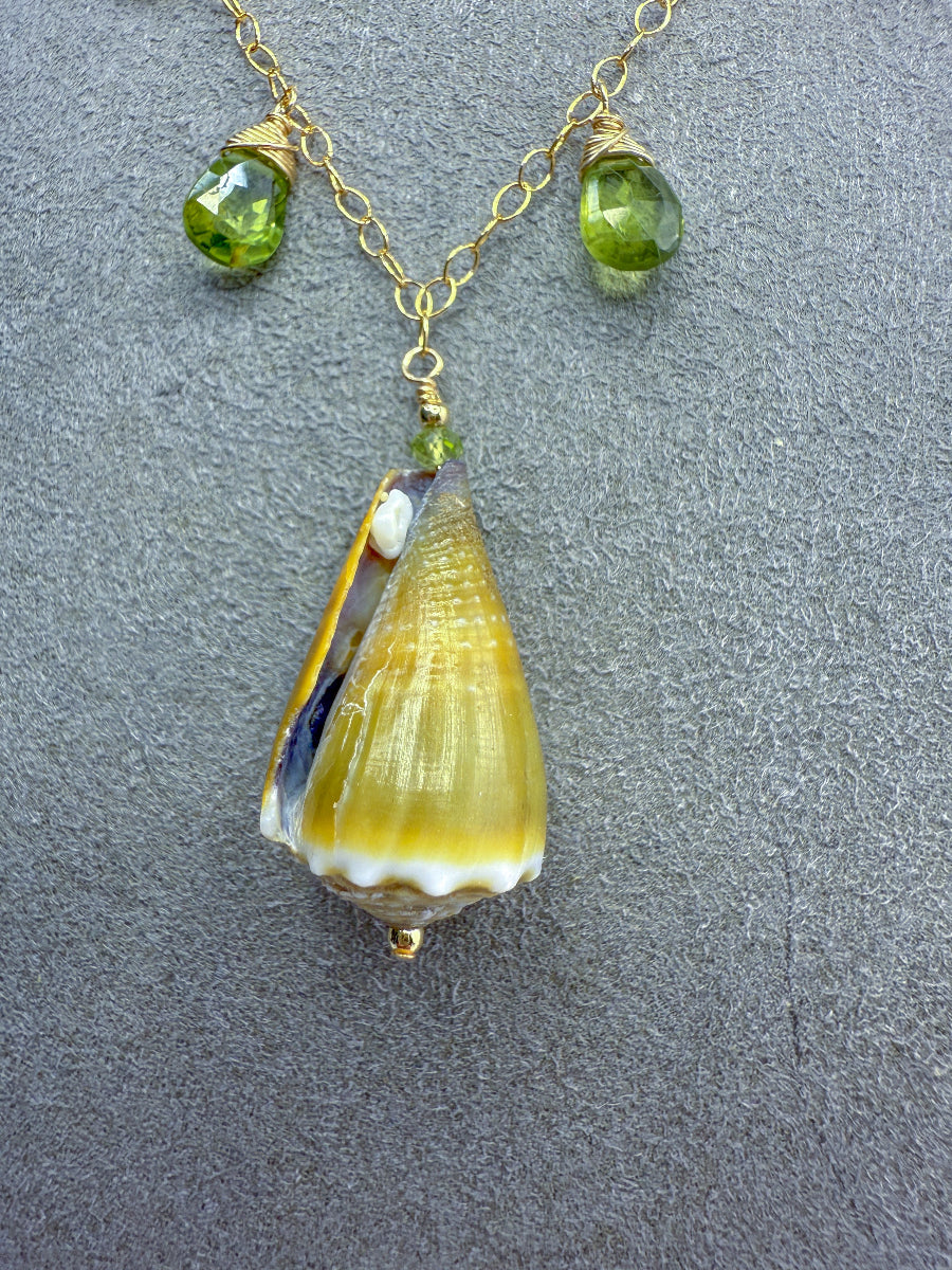 Green Cone Shell Necklace with Peridot & Pearls