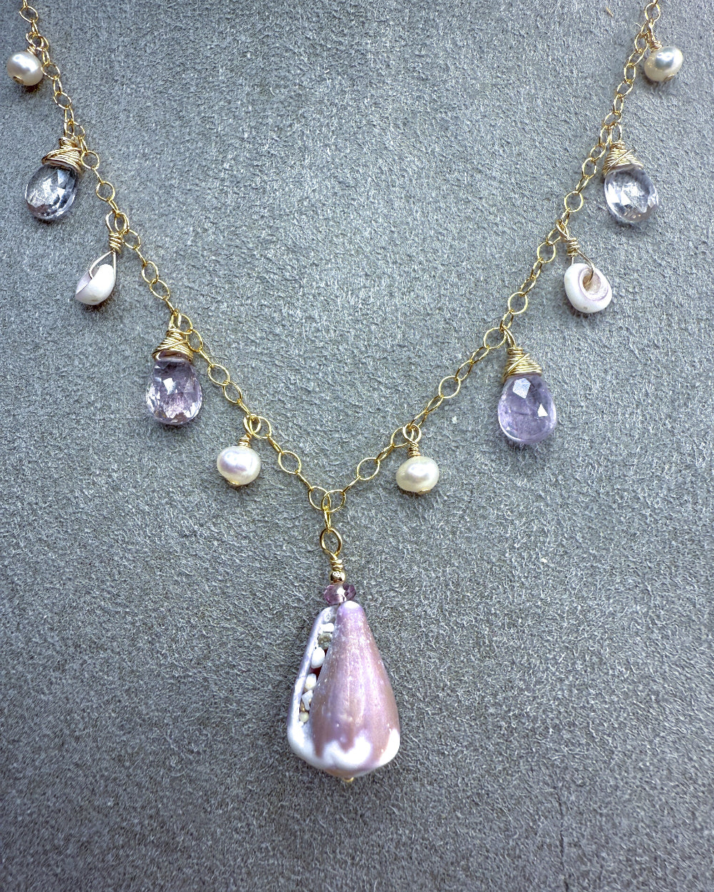 Purple cone shell, Puka shell, Amethyst & pearl necklace