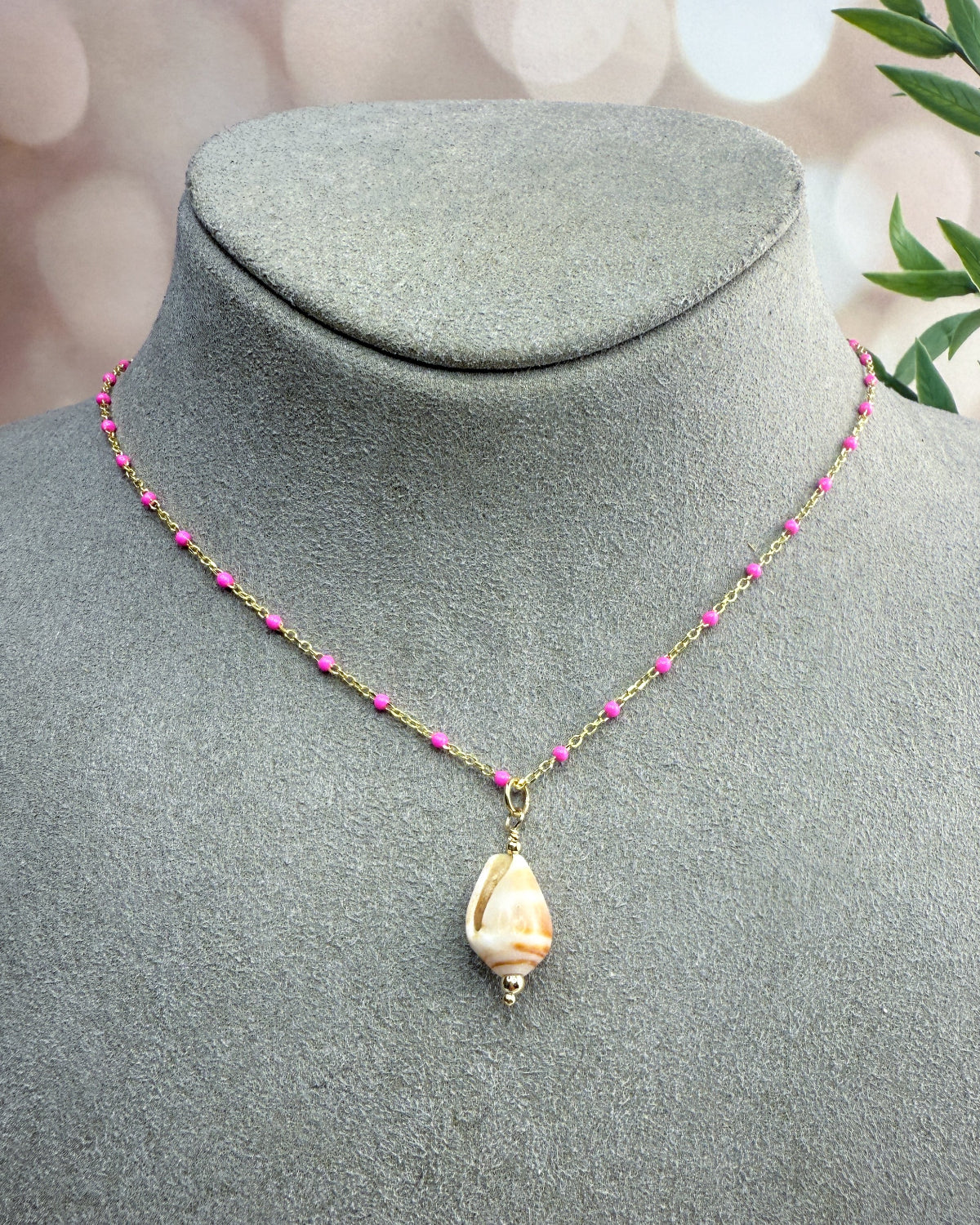 Bright Pink Enamel Chain with Removable Shell Pendant