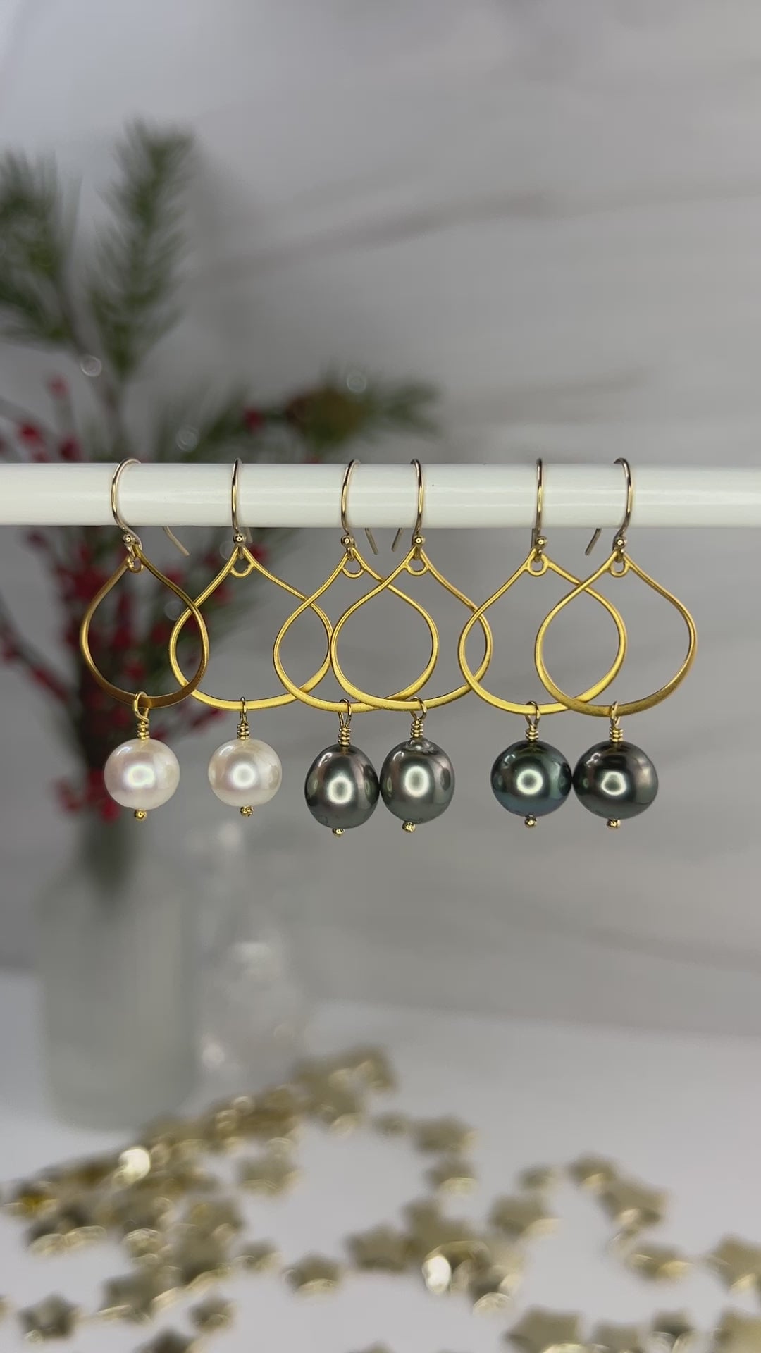Tahitian & white pearl teardrop hoop earrings