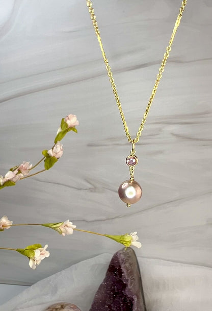 Edison Pearl Necklace with Pink CZ Accent