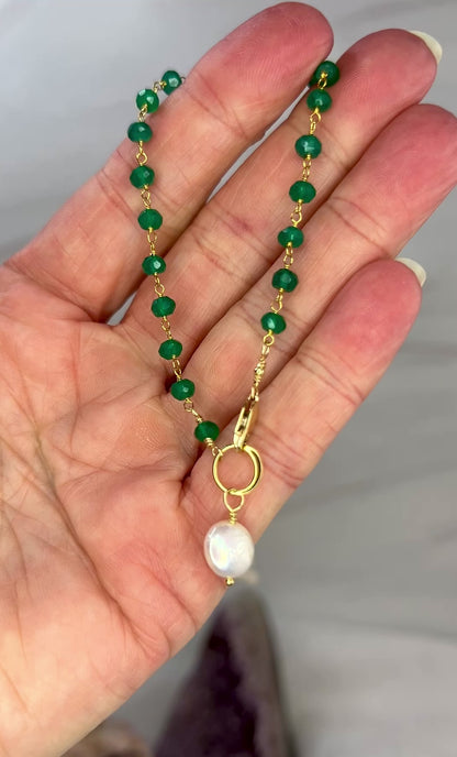 Green Onyx and White Pearl Necklace & Bracelet
