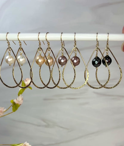 Gold Filled Textured Teardrop Hoops with Pearls