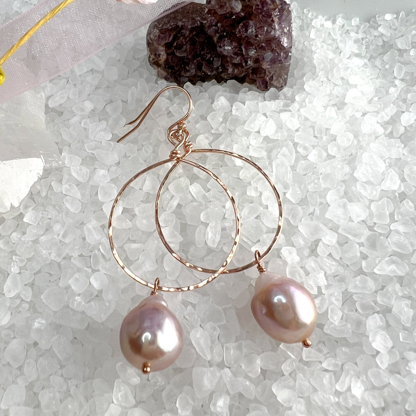 Pink Baroque Pearl & Rose Gold Hoop Earrings
