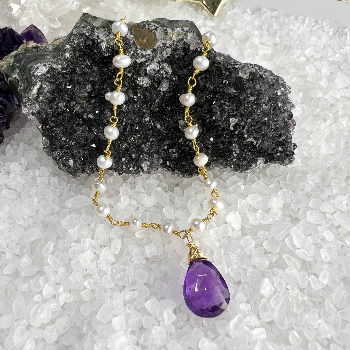 Amethyst Briolette and Pearl Necklace