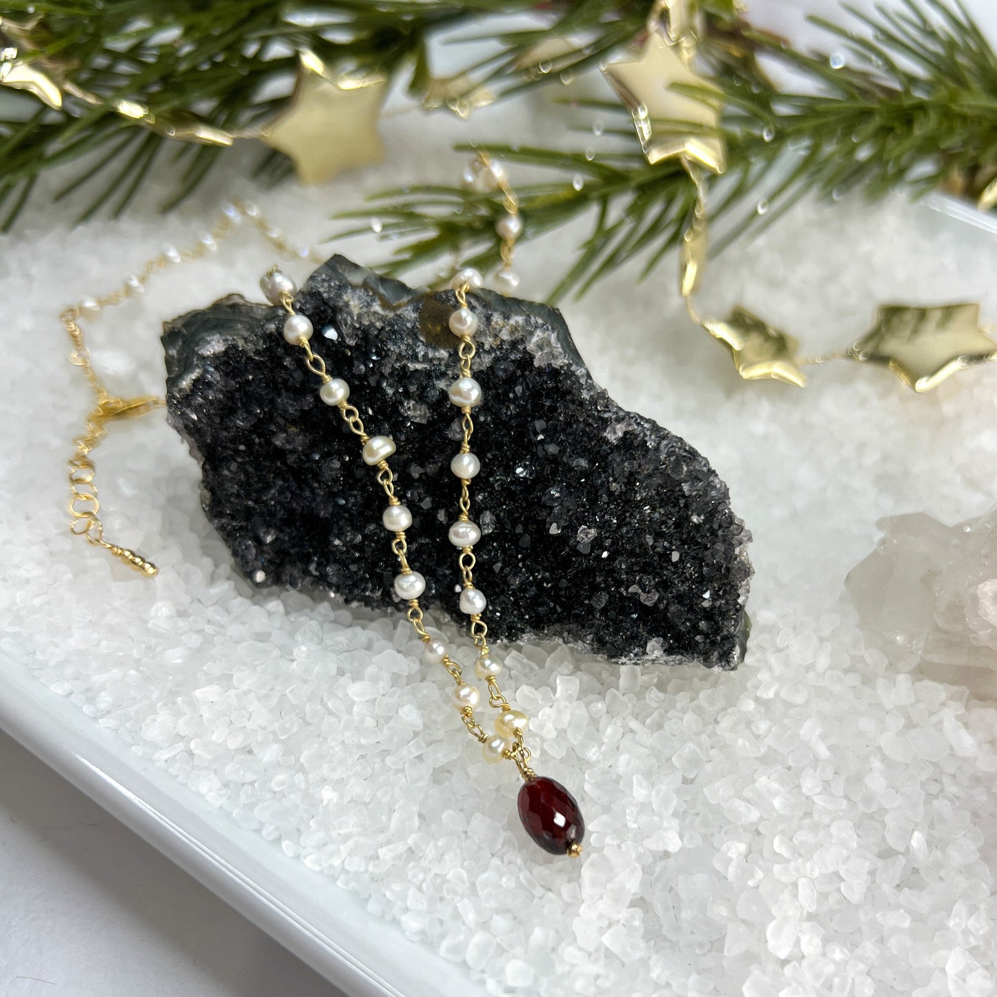 Garnet & Pearl Drop Necklace & Station Bracelet