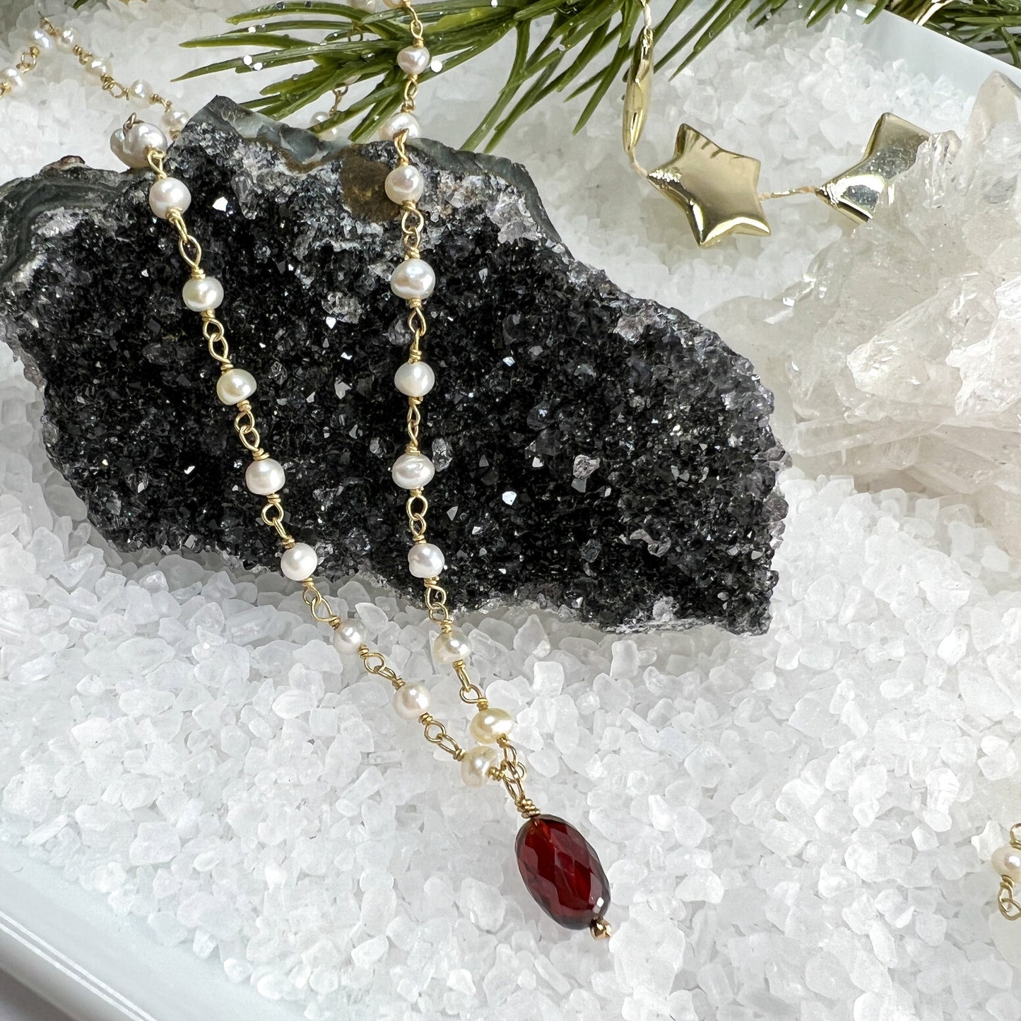 Garnet & Pearl Drop Necklace & Station Bracelet
