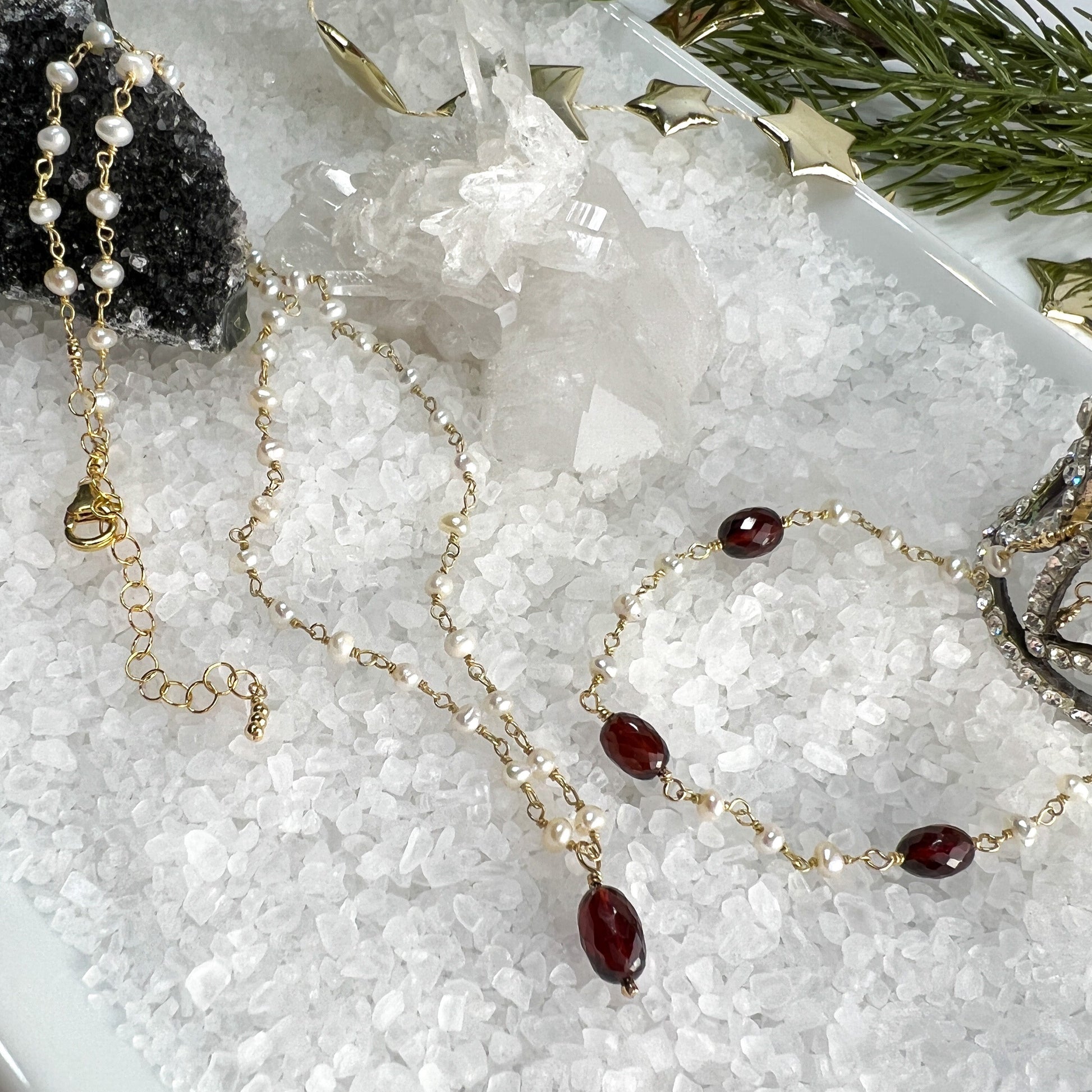 Garnet & Pearl Drop Necklace & Station Bracelet