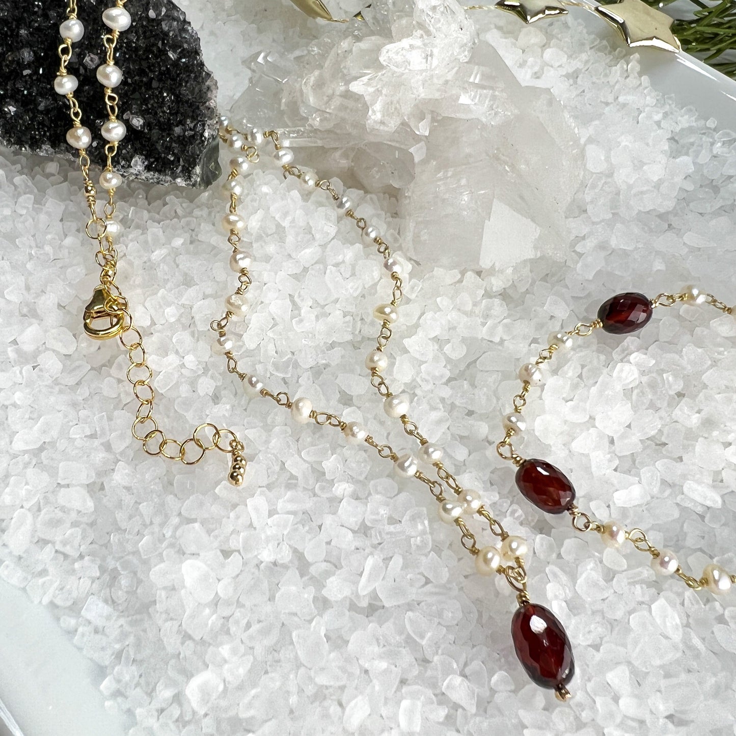 Garnet & Pearl Drop Necklace & Station Bracelet