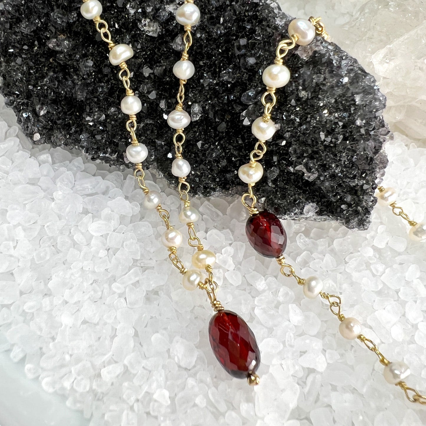 Garnet & Pearl Drop Necklace & Station Bracelet