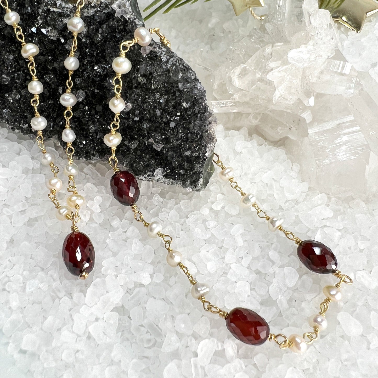 Garnet & Pearl Drop Necklace & Station Bracelet