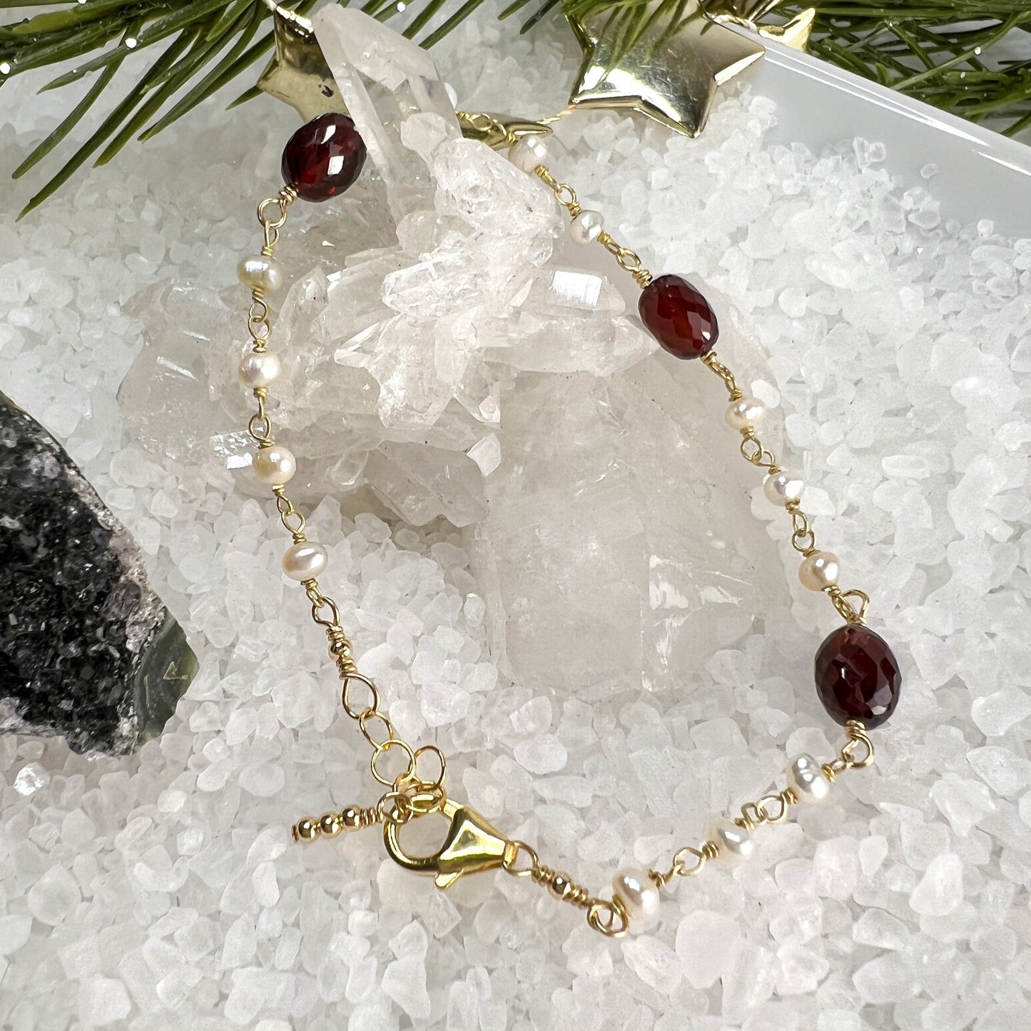 Garnet & Pearl Drop Necklace & Station Bracelet
