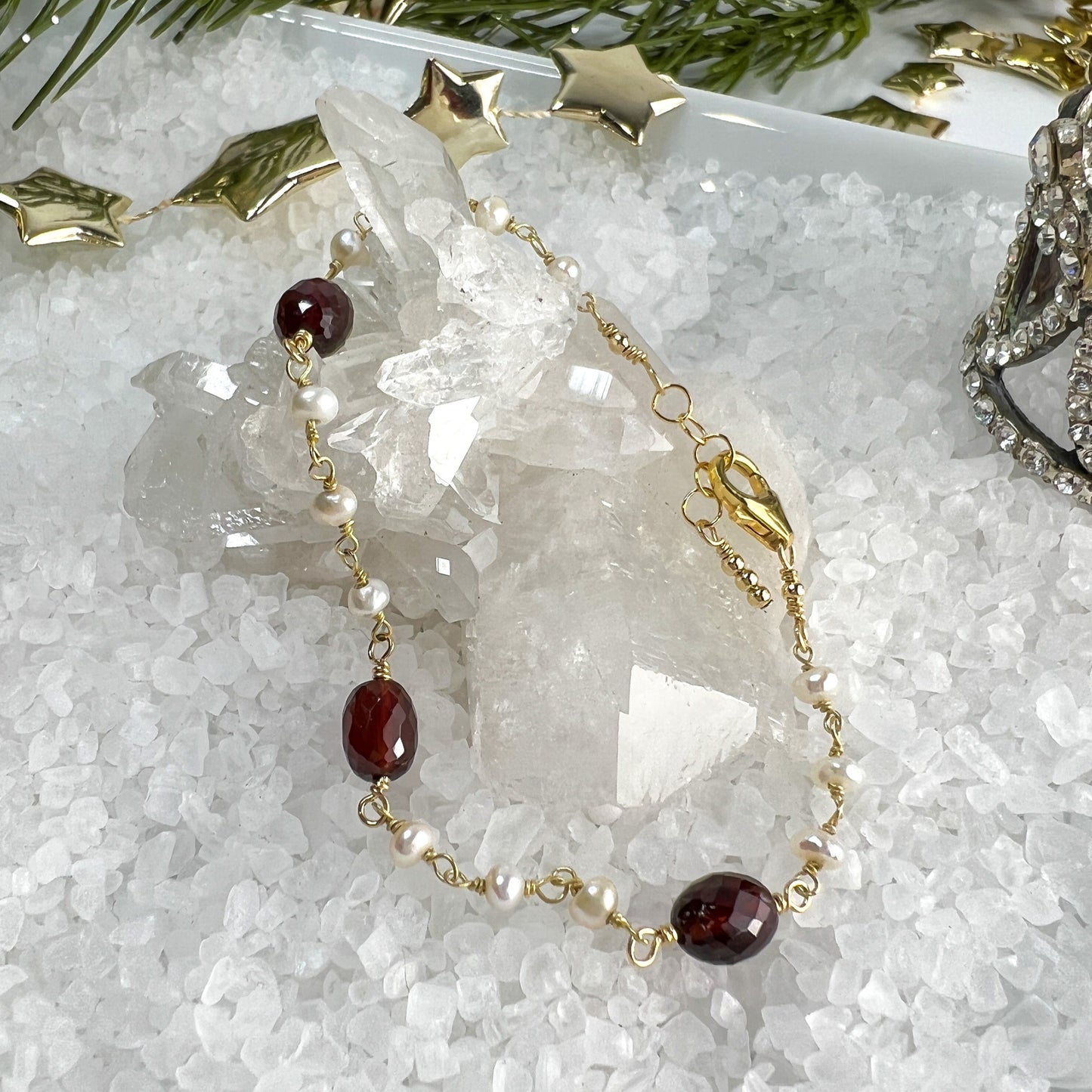 Garnet & Pearl Drop Necklace & Station Bracelet