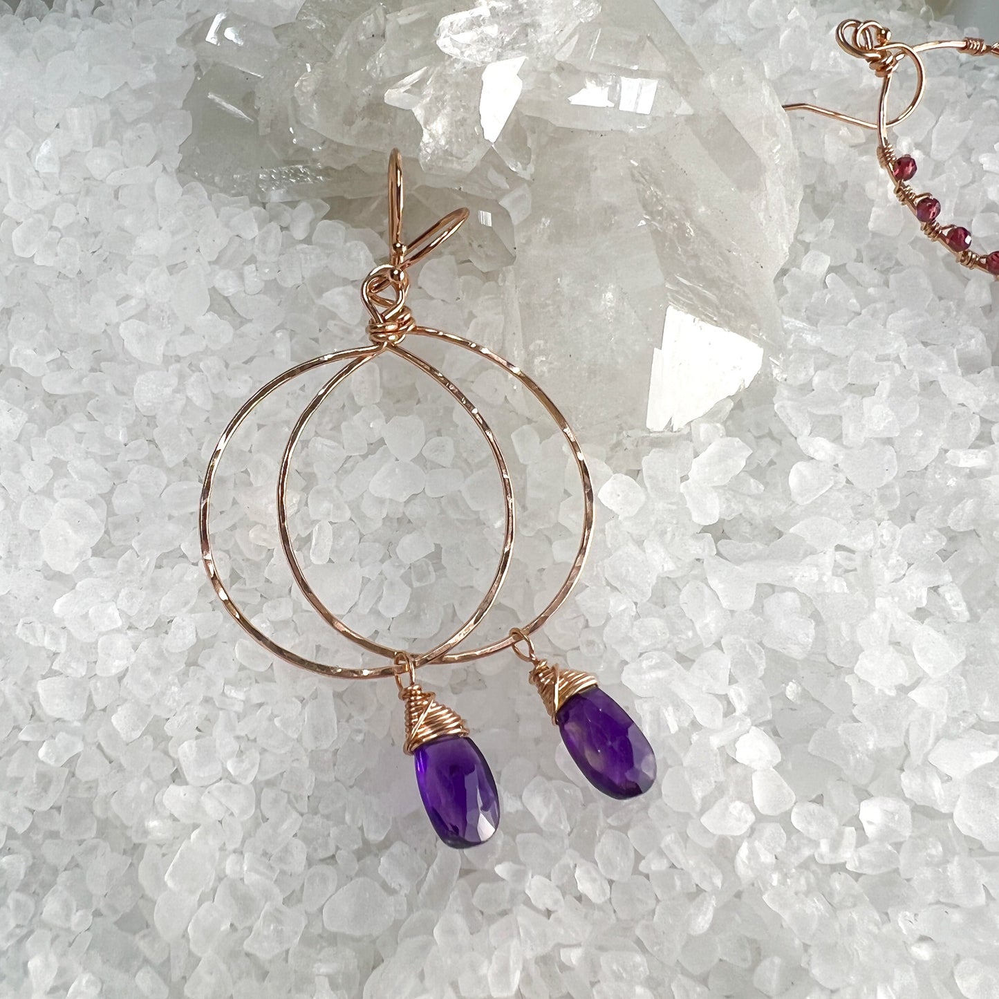 Amethyst Rose Gold Hammered Hoops