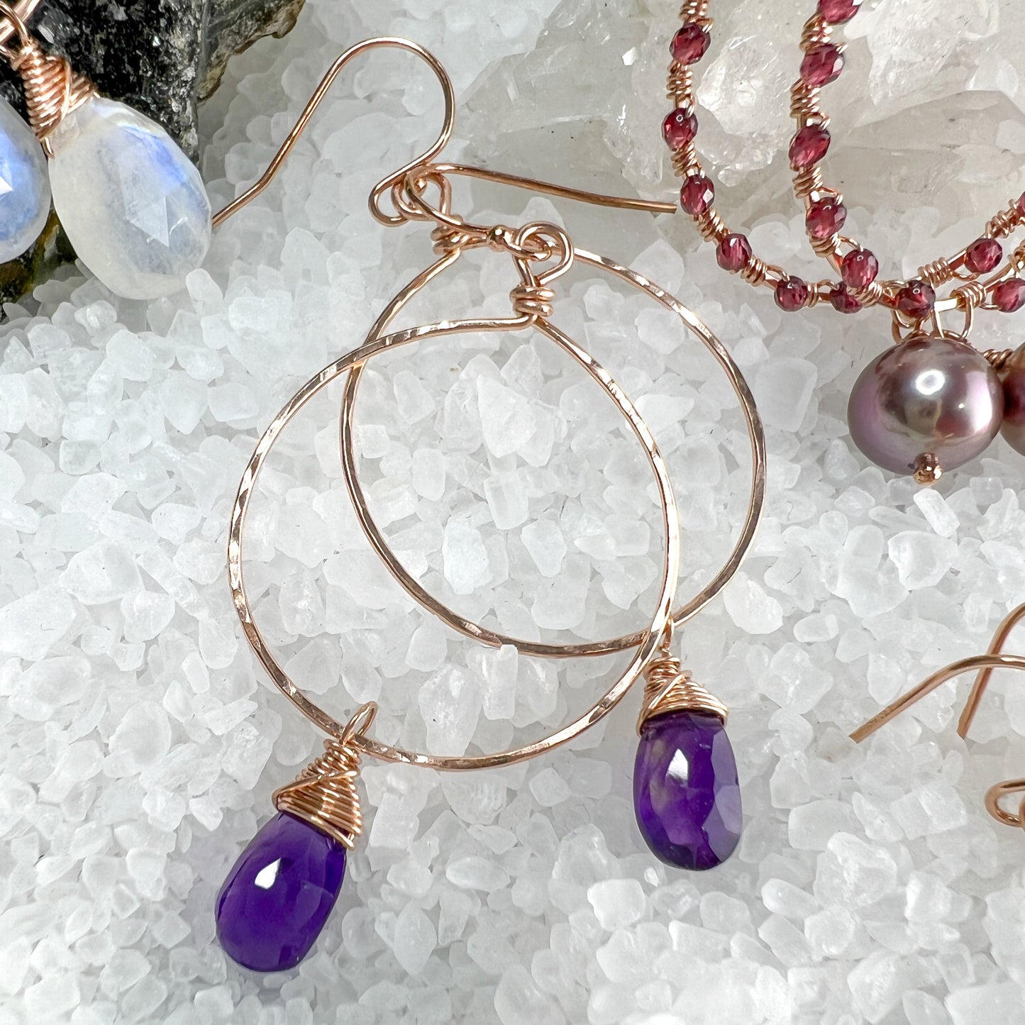 Amethyst Rose Gold Hammered Hoops