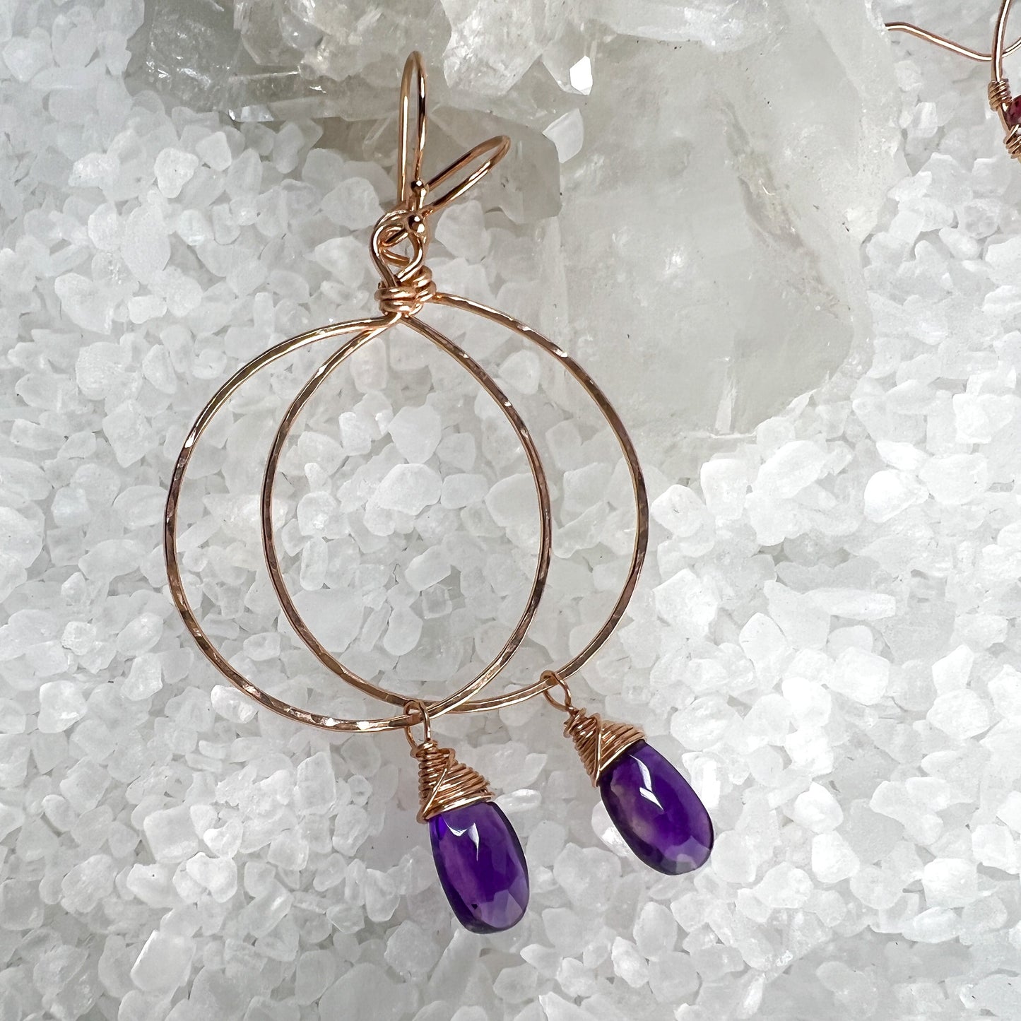 Amethyst Rose Gold Hammered Hoops