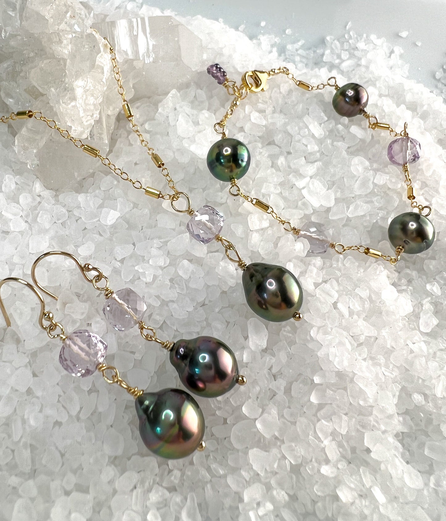 Tahitian Pearl & Pink Amethyst Dangle Earrings
