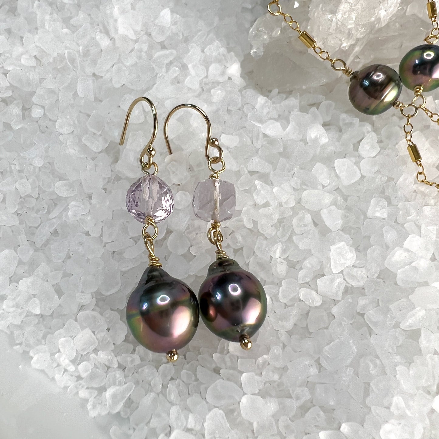 Tahitian Pearl & Pink Amethyst Dangle Earrings
