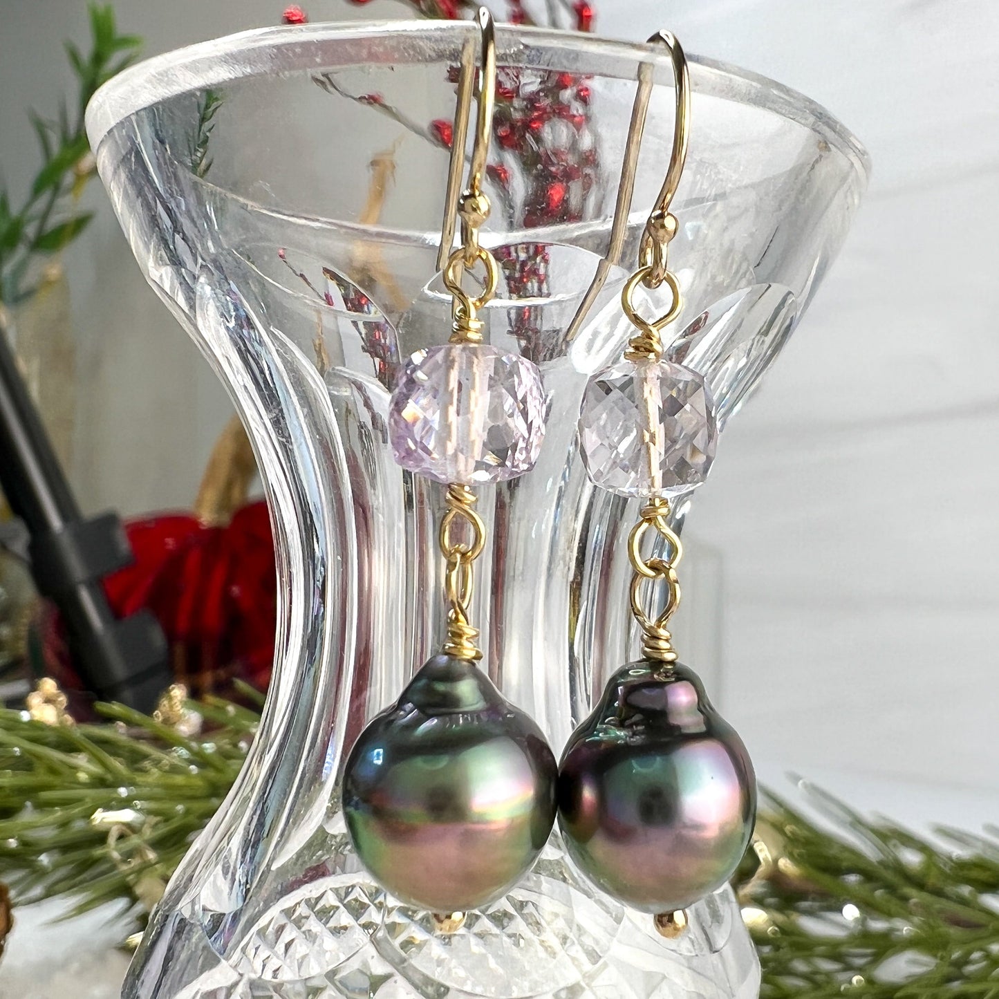 Tahitian Pearl & Pink Amethyst Dangle Earrings