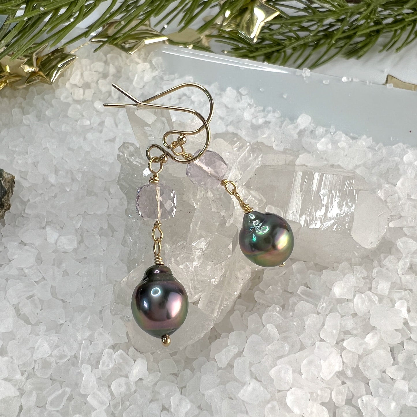 Tahitian Pearl & Pink Amethyst Dangle Earrings