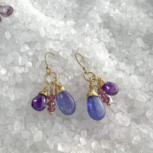 Tanzanite, Amethyst & Rhodolite Garnet Dangle Earrings